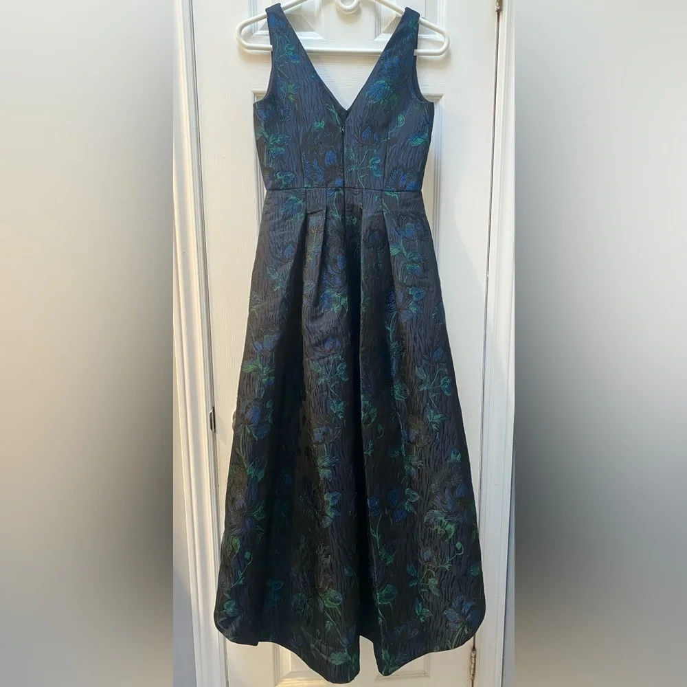 Elegant Dark Floral Jacquard High Low Dress - Picture 4 of 11